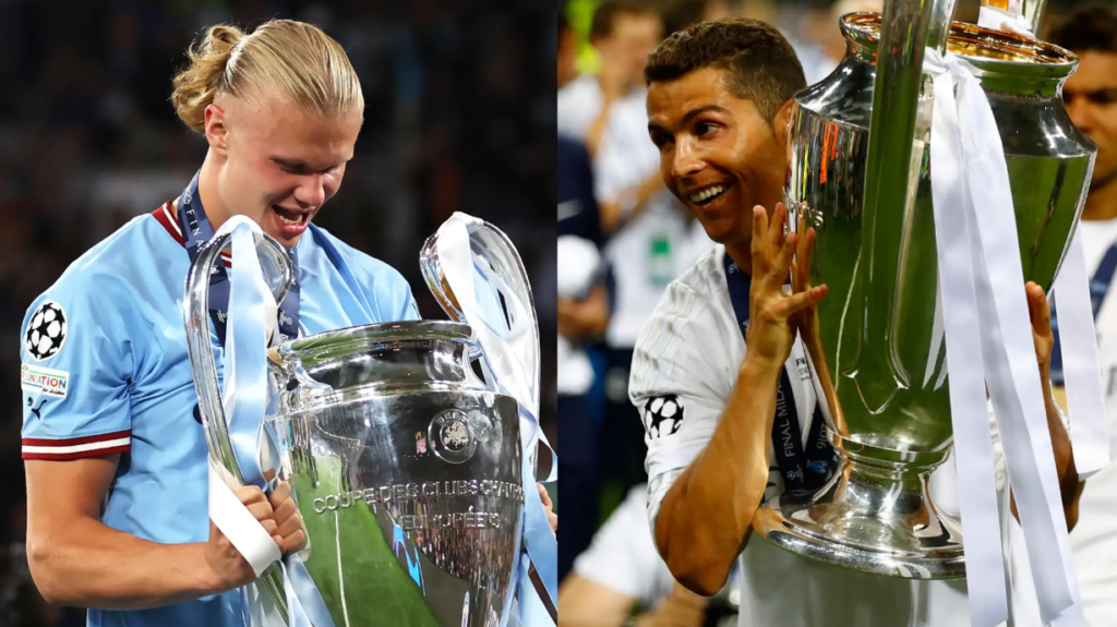 Erling Haaland and Cristiano Ronaldo with Champions League trophies