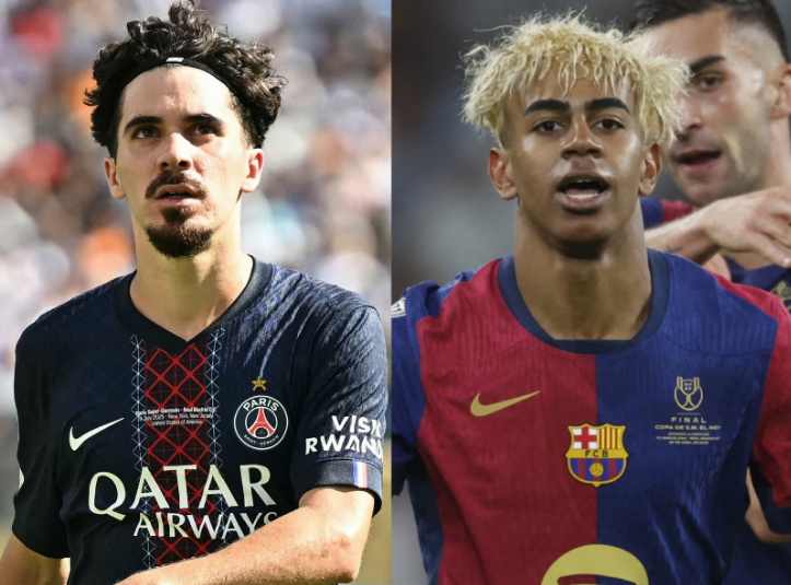 PSG Midfielder Vitinha (L) and Barcelona forward Yamal (R)