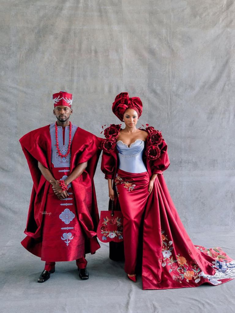 Temi Otedola and Mr Eazi in Nigerian traditional wedding couture 