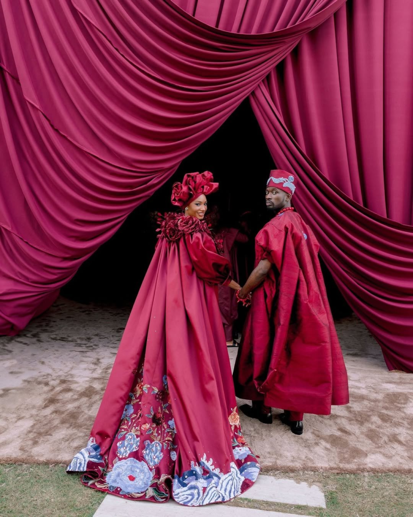 Temi Otedola and Mr Eazi in Nigerian traditional wedding couture 