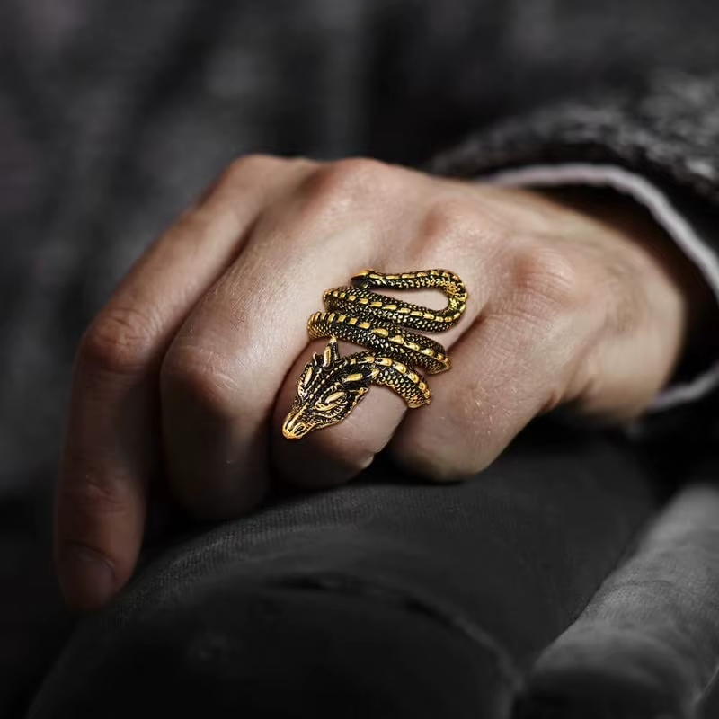U7 Stainless Steel Dragon Rings for Men Women Punk Jewelry Black Retro 14K Gold Color Vivid Animal Full Dragon Head Wrap Rings